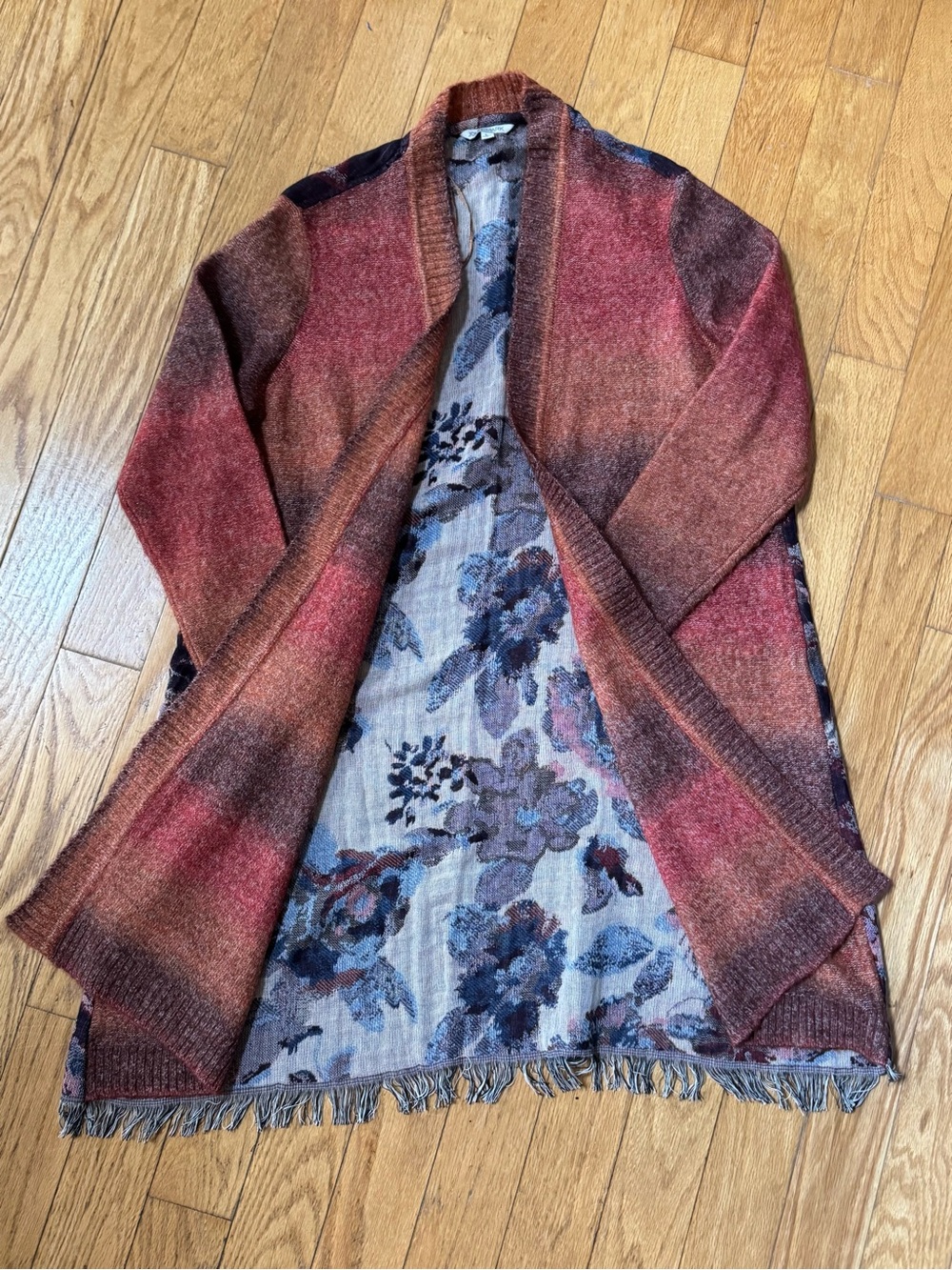 John Mark Womens Ombre Floral Tapestry Long Duster Cardigan Fringe Sz L Boho